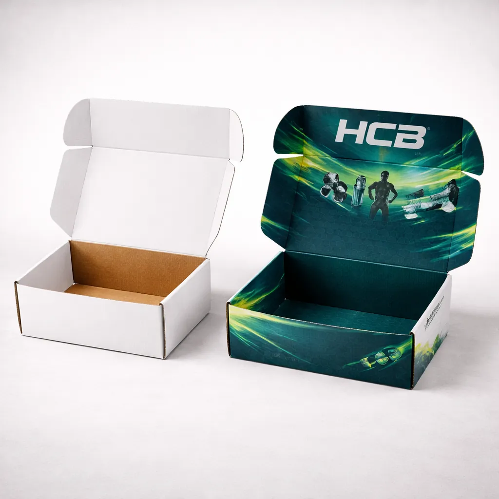 Two open corrugated mailer boxes, one plain white and one featuring vibrant orange and teal branding. class=